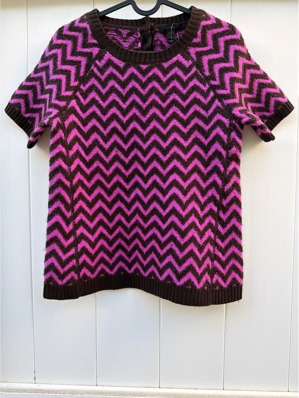 J.Crew Women's XS Purple Brown Chevron Merino Wool Short Sleeve Sweater NWT